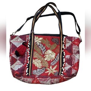 American & Beyond Red Bohemian Beaded& Sequin Tote Bag